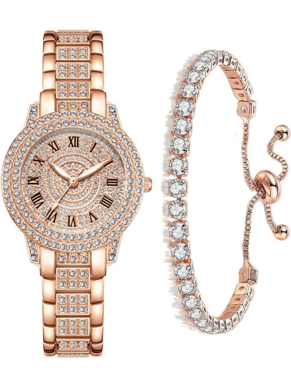 Women's Rose Gold Full Diamond Bling Rhinestone Adjustable Bracelet Watches